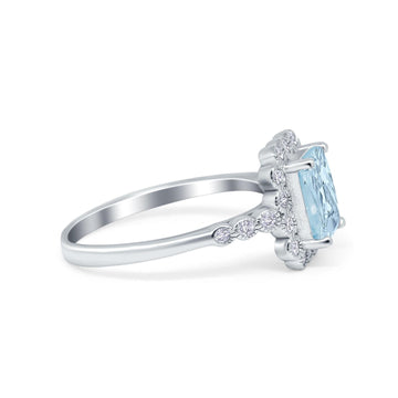Halo Radiant Cut Wedding Ring Simulated Aquamarine CZ 925 Sterling Silver